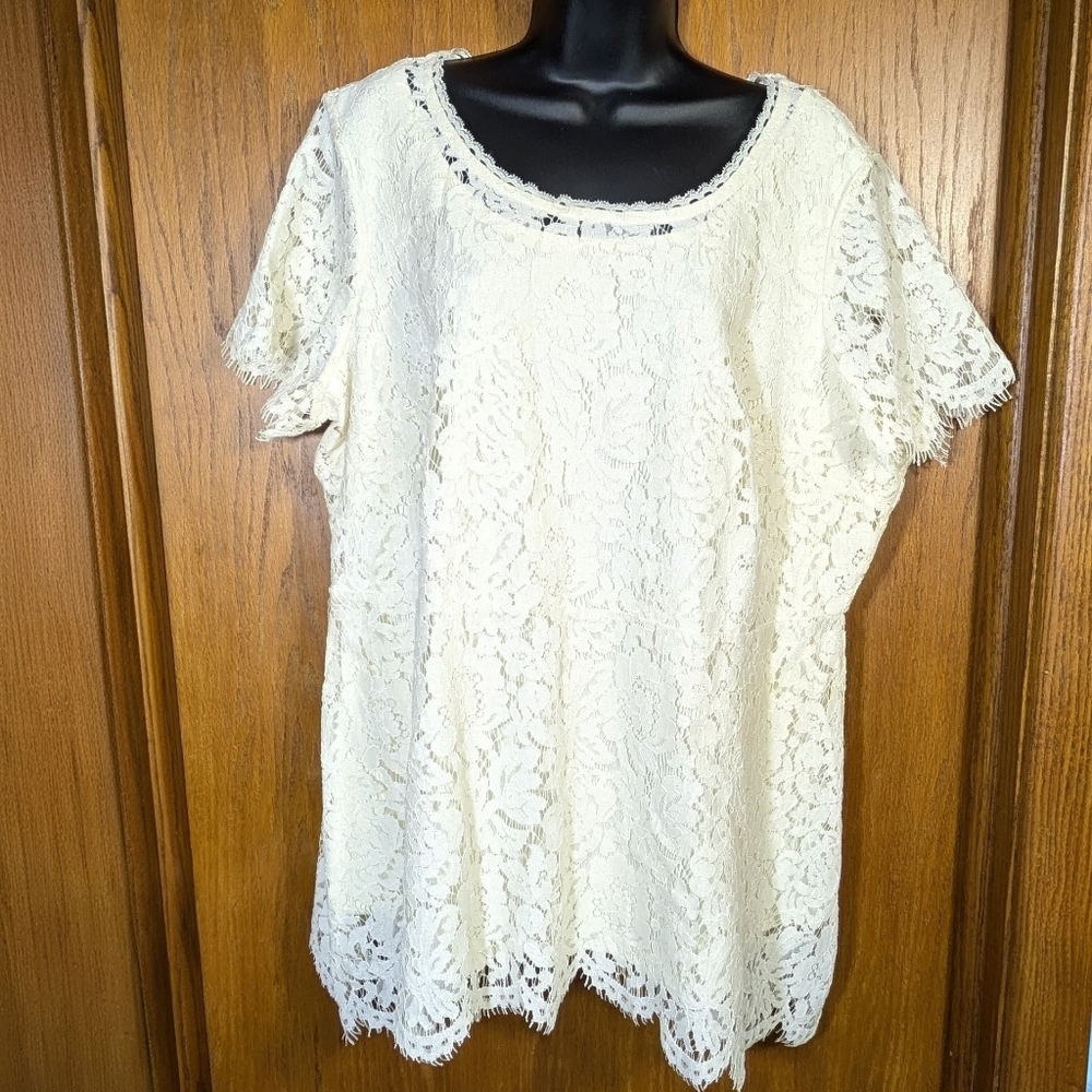 Isaac‎ Mizrahi Live Women's Lace Peplum Short Sleeve Top Cream Fairycore 1X